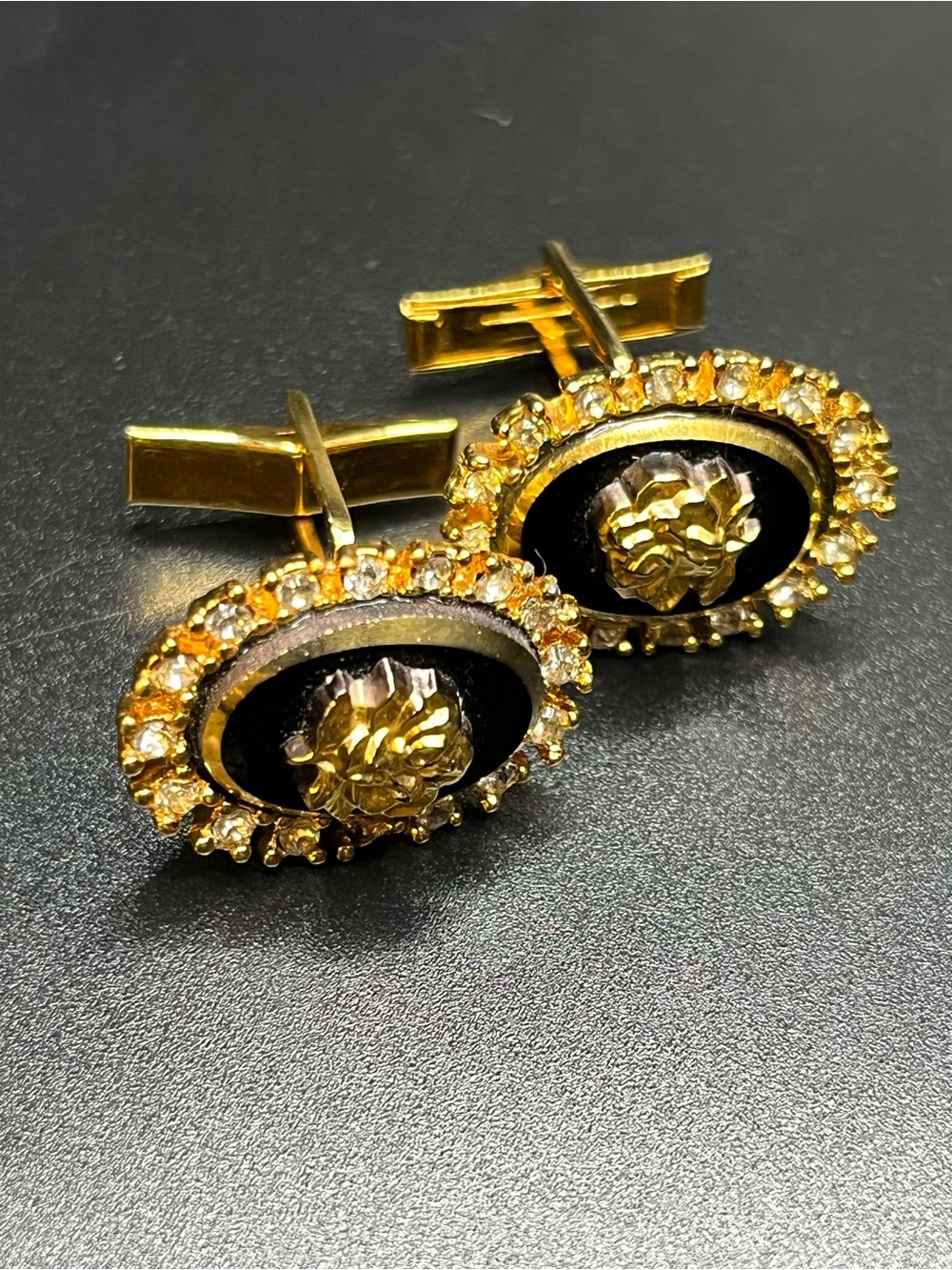 Vintage Gold Tone Black Rhinestone Floral Cufflinks
